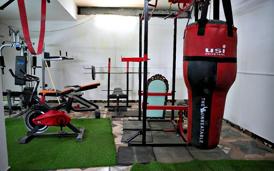 Private gym with cable machine, free weights and gymnastic rings